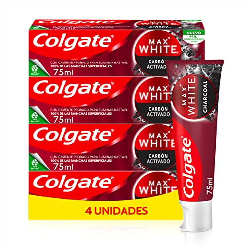 Colgate Max White Carbón Activado, Pasta de dientes Blanqueadora, Sonrisa Más Blanca, Pack 4x75ml
