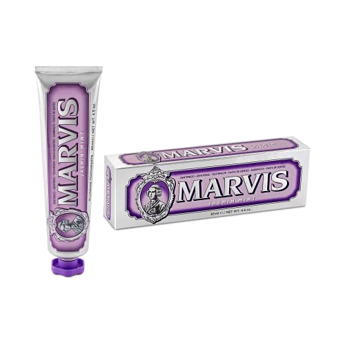 Marvis Pasta de dientes de menta y jazmín, 85 ml, dentífrico que ayuda a eliminar la placa y cuida las encías, higiene dental, frescor duradero